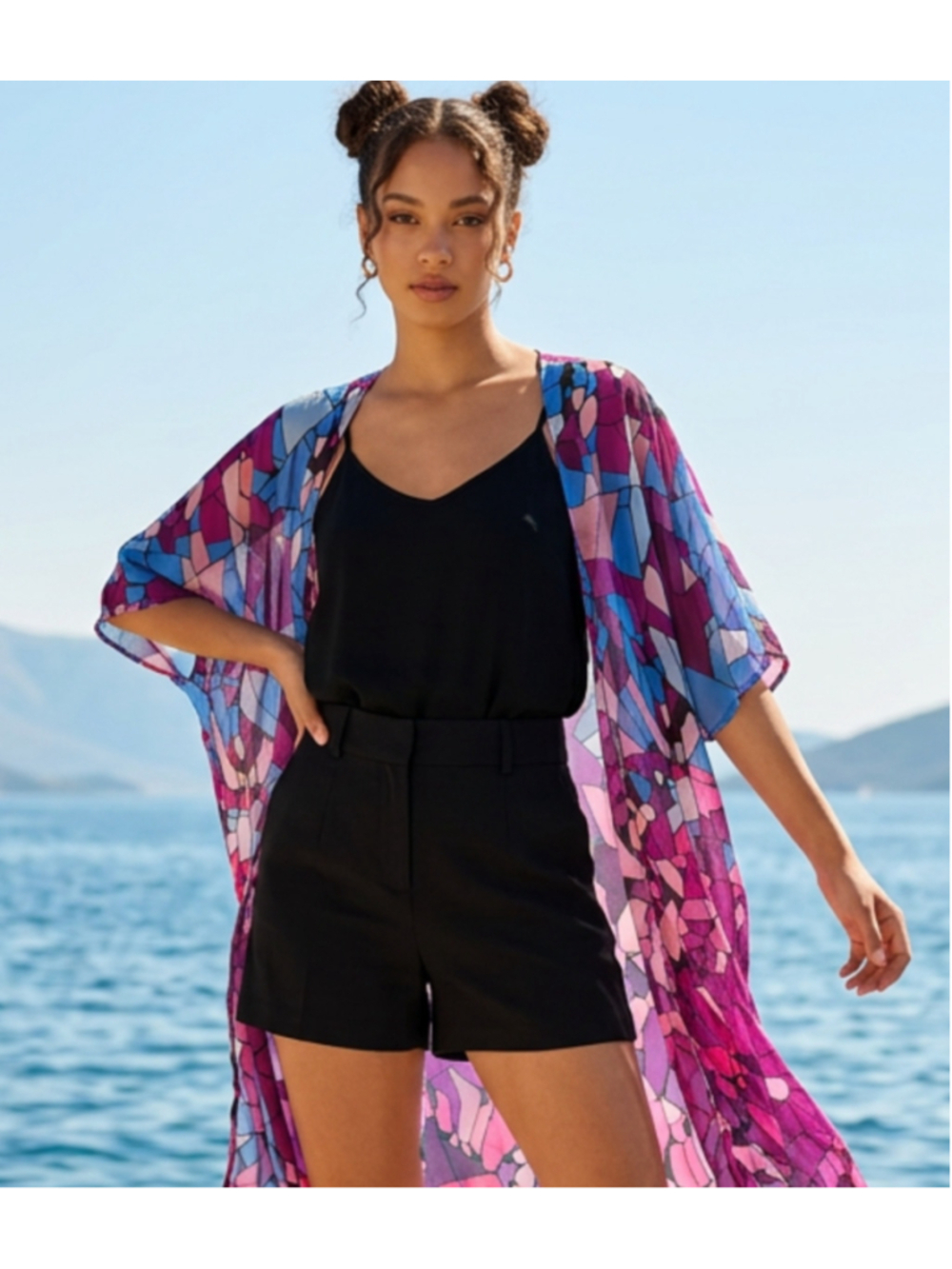 Sheer Mosaic Print Duster Kimono Swim Coverup One-size Purple Blue Resort Wear